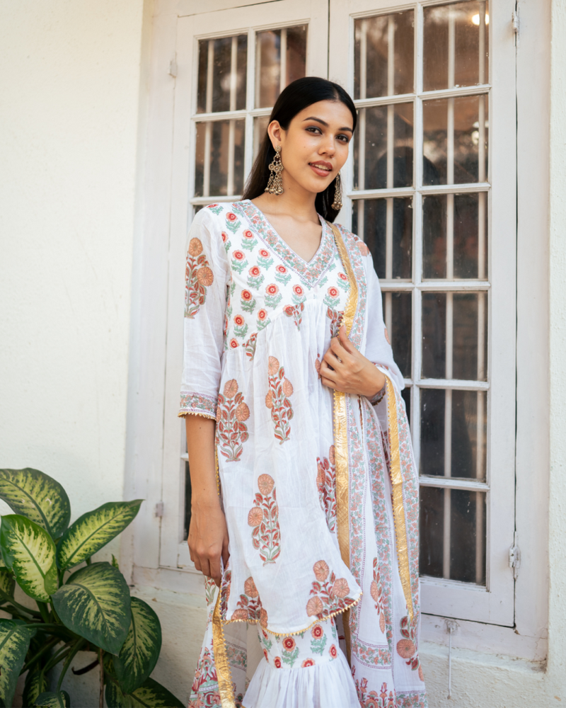 Peach Block Printed Sharara Set cotton Buy Peach Block Printed Sharara Set from C&W | Kurta/Kurta Sets for Women by Maison Shefali in peach color for women in Singapore