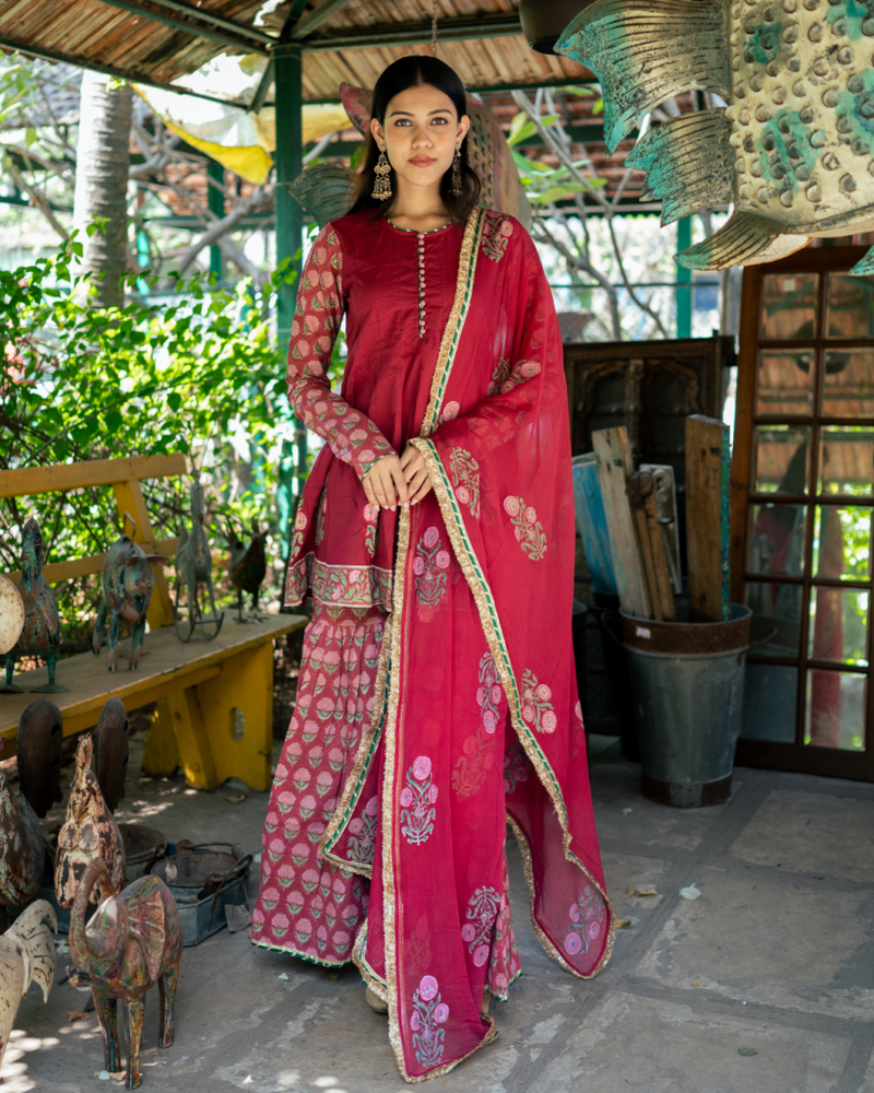 Wine Block Printed Anarkali Set cotton Buy Wine Block Printed Anarkali Set from C&W | Kurta/Kurta Sets for Women by Maison Shefali for women in Singapore