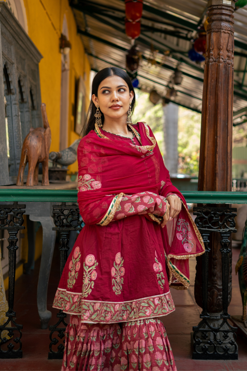 Wine Block Printed Anarkali Set cotton Buy Wine Block Printed Anarkali Set from C&W | Kurta/Kurta Sets for Women by Maison Shefali for women in Singapore