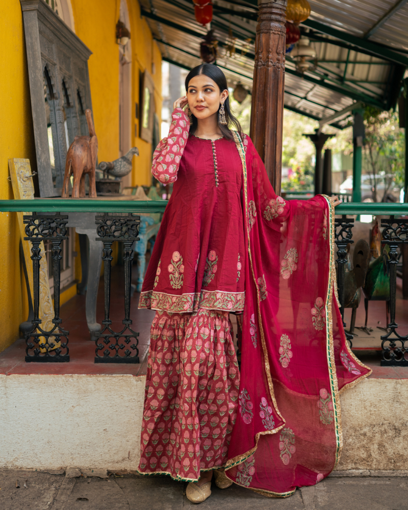 Wine Block Printed Anarkali Set cotton Buy Wine Block Printed Anarkali Set from C&W | Kurta/Kurta Sets for Women by Maison Shefali for women in Singapore