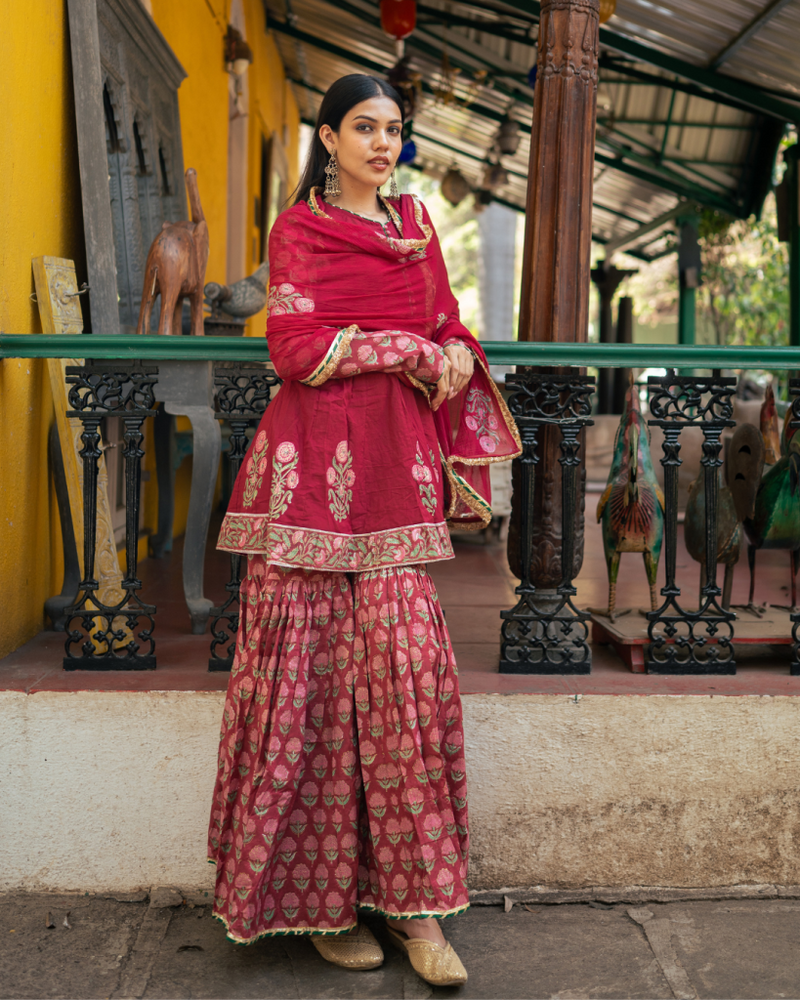Wine Block Printed Anarkali Set cotton Buy Wine Block Printed Anarkali Set from C&W | Kurta/Kurta Sets for Women by Maison Shefali for women in Singapore