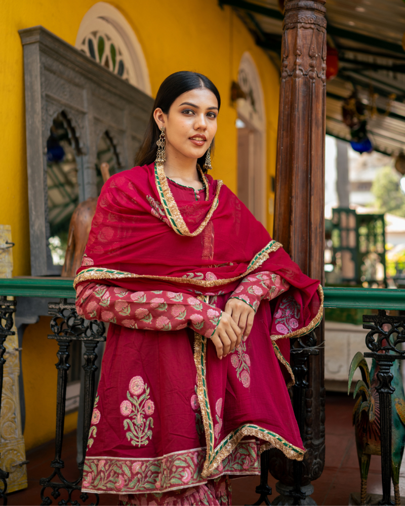 Wine Block Printed Anarkali Set cotton Buy Wine Block Printed Anarkali Set from C&W | Kurta/Kurta Sets for Women by Maison Shefali for women in Singapore