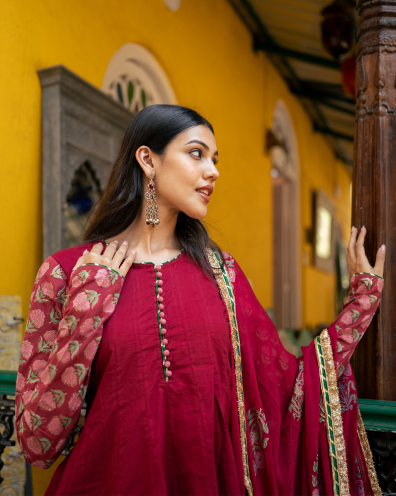 Wine Block Printed Anarkali Set cotton Buy Wine Block Printed Anarkali Set from C&W | Kurta/Kurta Sets for Women by Maison Shefali for women in Singapore