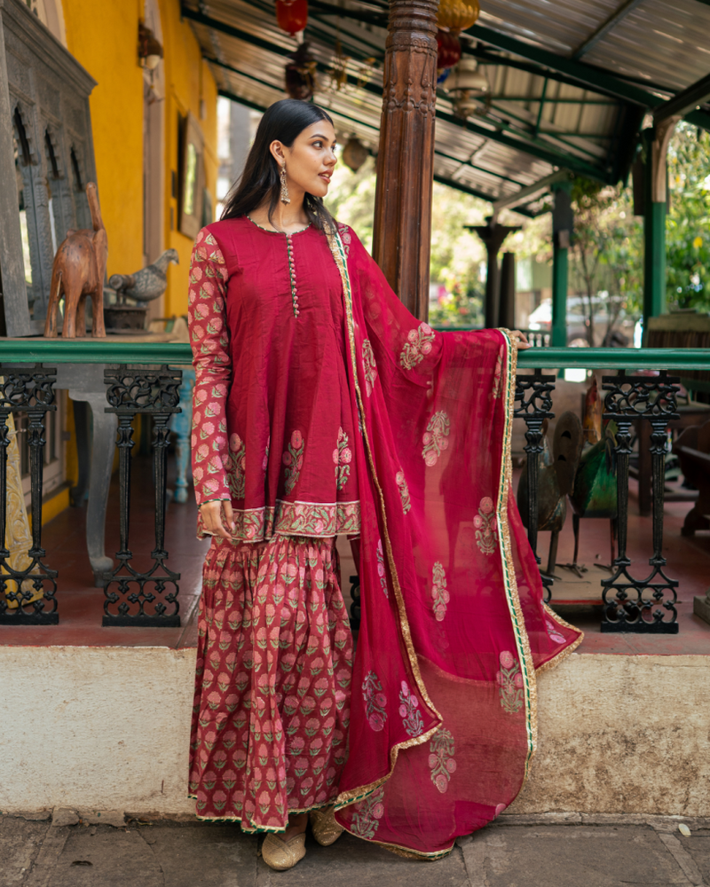 Wine Block Printed Anarkali Set cotton Buy Wine Block Printed Anarkali Set from C&W | Kurta/Kurta Sets for Women by Maison Shefali for women in Singapore