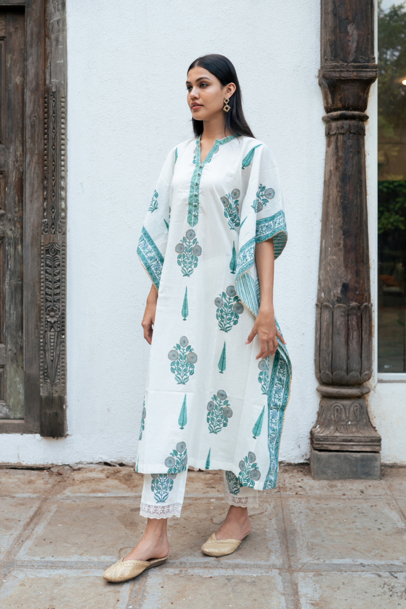 Mughal Blue Boota Kaftan Set cotton Buy Mughal Blue Boota Kaftan Set from C&W | Kurta/Kurta Sets for Women by Maison Shefali in blue color for women in Singapore
