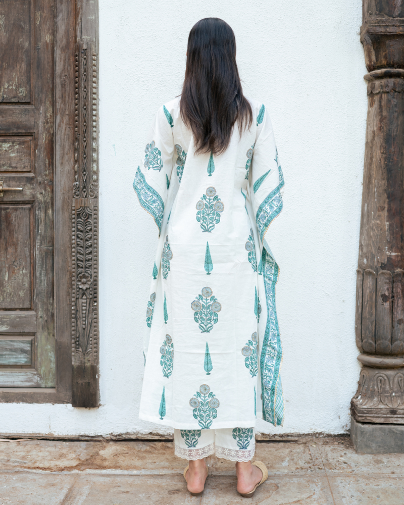 Mughal Blue Boota Kaftan Set cotton Buy Mughal Blue Boota Kaftan Set from C&W | Kurta/Kurta Sets for Women by Maison Shefali in blue color for women in Singapore