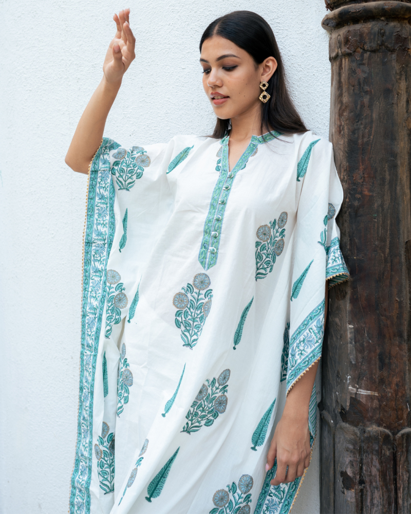 Mughal Blue Boota Kaftan Set cotton Buy Mughal Blue Boota Kaftan Set from C&W | Kurta/Kurta Sets for Women by Maison Shefali in blue color for women in Singapore