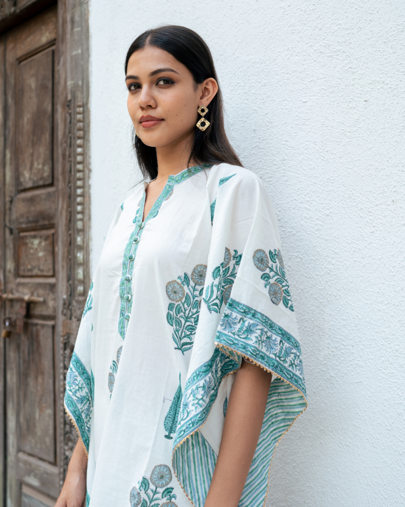 Mughal Blue Boota Kaftan Set cotton Buy Mughal Blue Boota Kaftan Set from C&W | Kurta/Kurta Sets for Women by Maison Shefali in blue color for women in Singapore