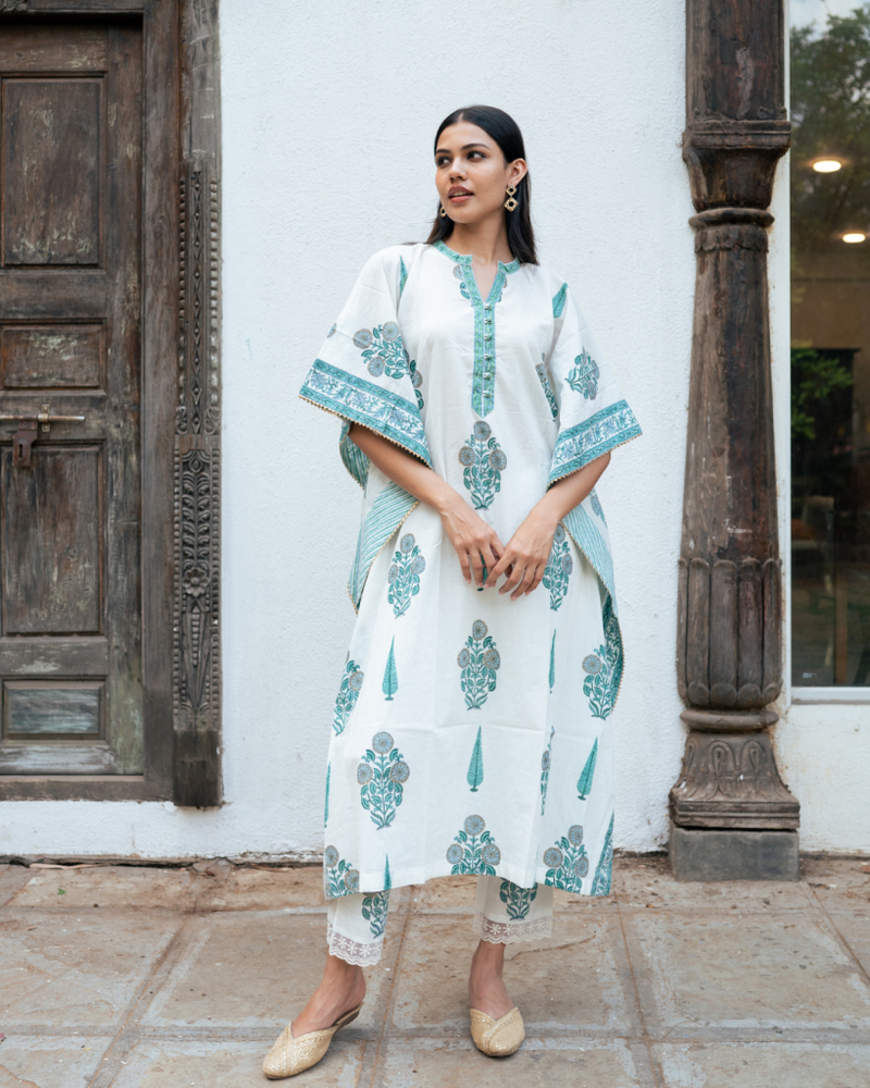 Mughal Blue Boota Kaftan Set cotton Buy Mughal Blue Boota Kaftan Set from C&W | Kurta/Kurta Sets for Women by Maison Shefali in blue color for women in Singapore