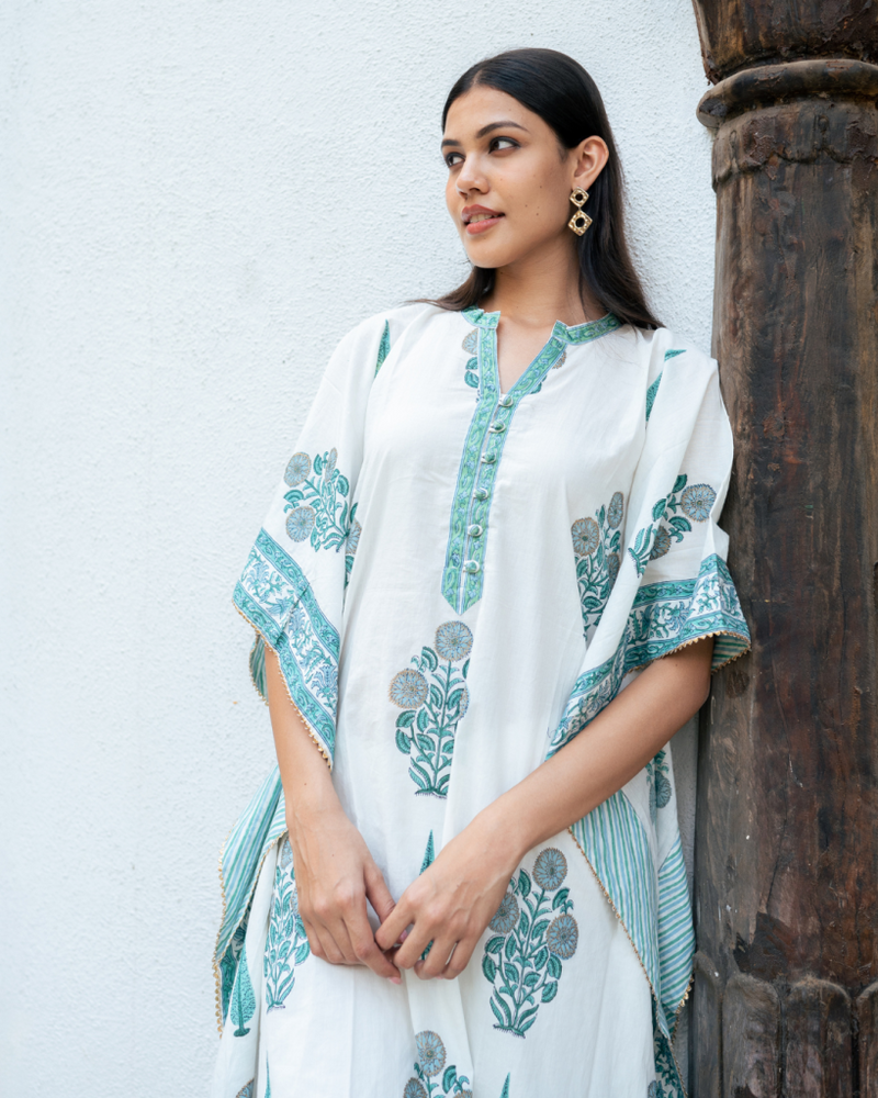 Mughal Blue Boota Kaftan Set cotton Buy Mughal Blue Boota Kaftan Set from C&W | Kurta/Kurta Sets for Women by Maison Shefali in blue color for women in Singapore