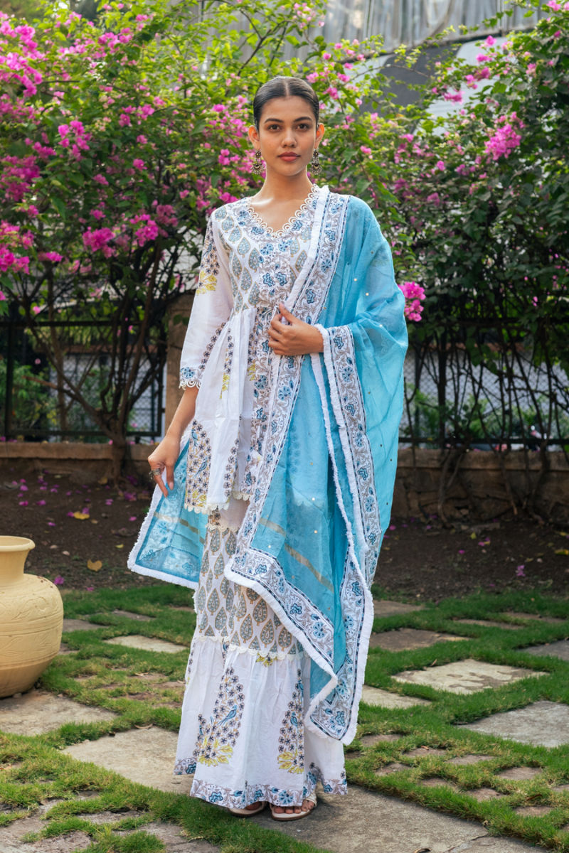 Ivory and Blue Block Printed Sharara Set mul Buy Ivory and Blue Block Printed Sharara Set from C&W | Kurta/Kurta Sets for Women by Maison Shefali in multi color for women in Singapore