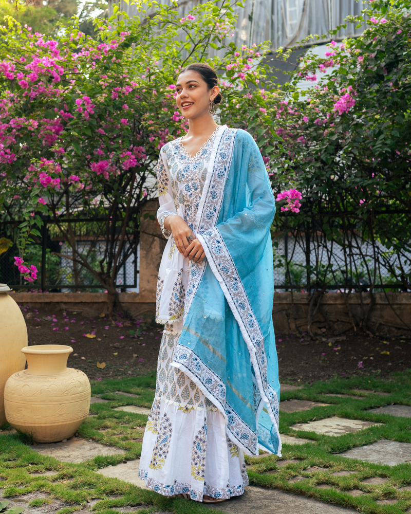 Ivory and Blue Block Printed Sharara Set mul Buy Ivory and Blue Block Printed Sharara Set from C&W | Kurta/Kurta Sets for Women by Maison Shefali in multi color for women in Singapore