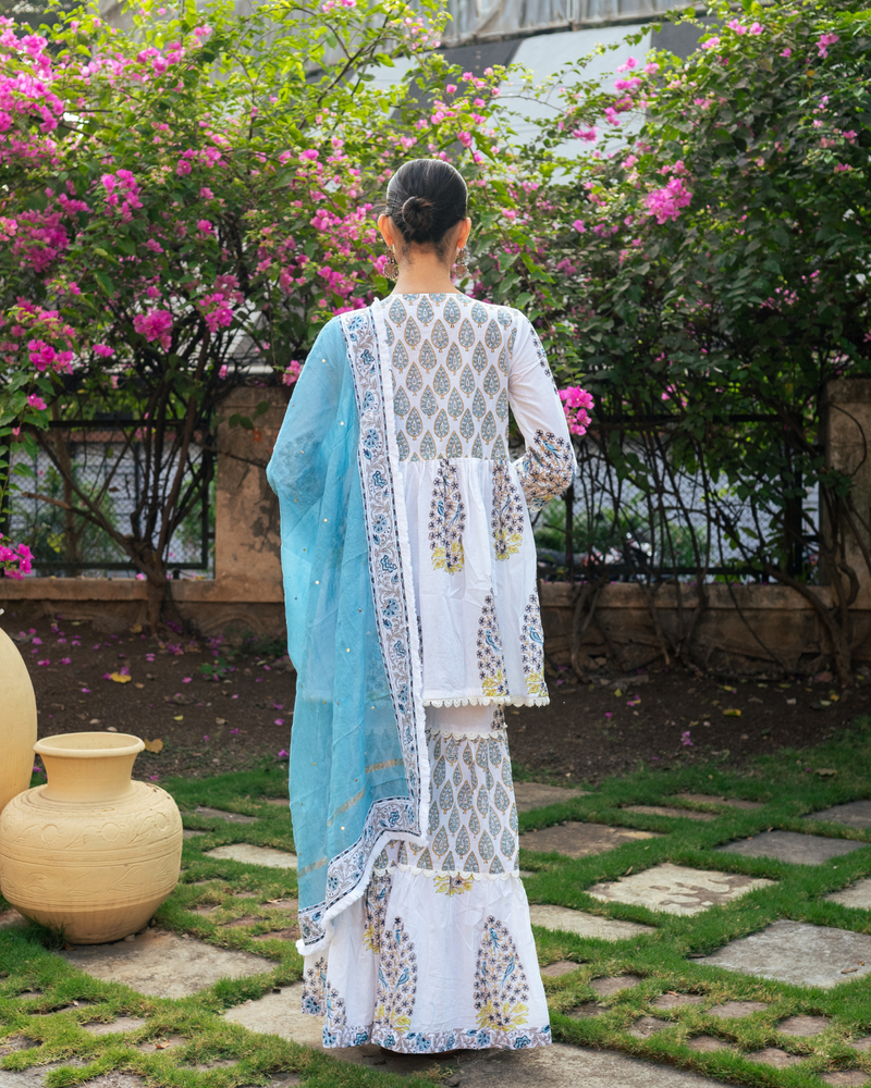 Ivory and Blue Block Printed Sharara Set mul Buy Ivory and Blue Block Printed Sharara Set from C&W | Kurta/Kurta Sets for Women by Maison Shefali in multi color for women in Singapore