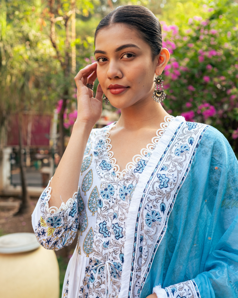 Ivory and Blue Block Printed Sharara Set mul Buy Ivory and Blue Block Printed Sharara Set from C&W | Kurta/Kurta Sets for Women by Maison Shefali in multi color for women in Singapore