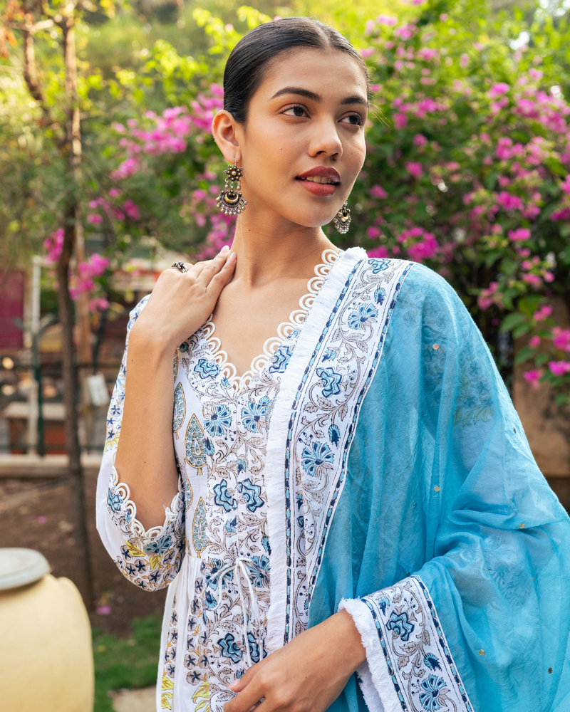 Ivory and Blue Block Printed Sharara Set mul Buy Ivory and Blue Block Printed Sharara Set from C&W | Kurta/Kurta Sets for Women by Maison Shefali in multi color for women in Singapore