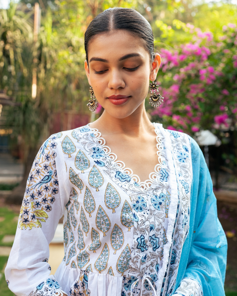 Ivory and Blue Block Printed Sharara Set mul Buy Ivory and Blue Block Printed Sharara Set from C&W | Kurta/Kurta Sets for Women by Maison Shefali in multi color for women in Singapore
