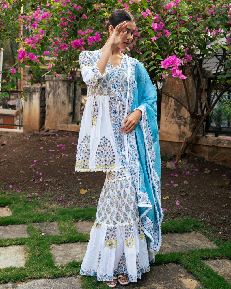 Ivory and Blue Block Printed Sharara Set mul Buy Ivory and Blue Block Printed Sharara Set from C&W | Kurta/Kurta Sets for Women by Maison Shefali in multi color for women in Singapore