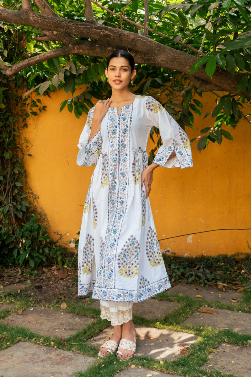 Blue and Ivory Hand Block Printed Bhopali Kurta Set mul Buy Blue and Ivory Hand Block Printed Bhopali Kurta Set from C&W | Kurta/Kurta Sets for Women by Maison Shefali in multi color for women in Singapore