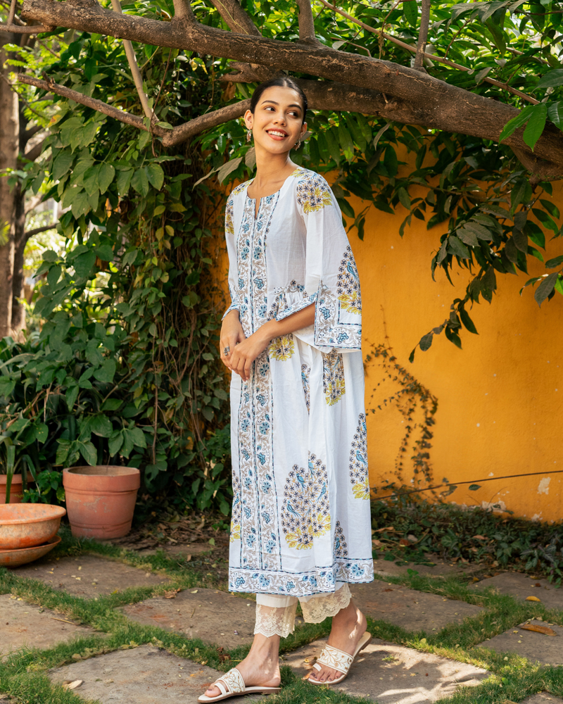 Blue and Ivory Hand Block Printed Bhopali Kurta Set mul Buy Blue and Ivory Hand Block Printed Bhopali Kurta Set from C&W | Kurta/Kurta Sets for Women by Maison Shefali in multi color for women in Singapore