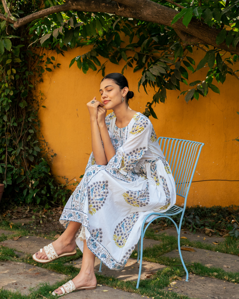 Blue and Ivory Hand Block Printed Bhopali Kurta Set mul Buy Blue and Ivory Hand Block Printed Bhopali Kurta Set from C&W | Kurta/Kurta Sets for Women by Maison Shefali in multi color for women in Singapore