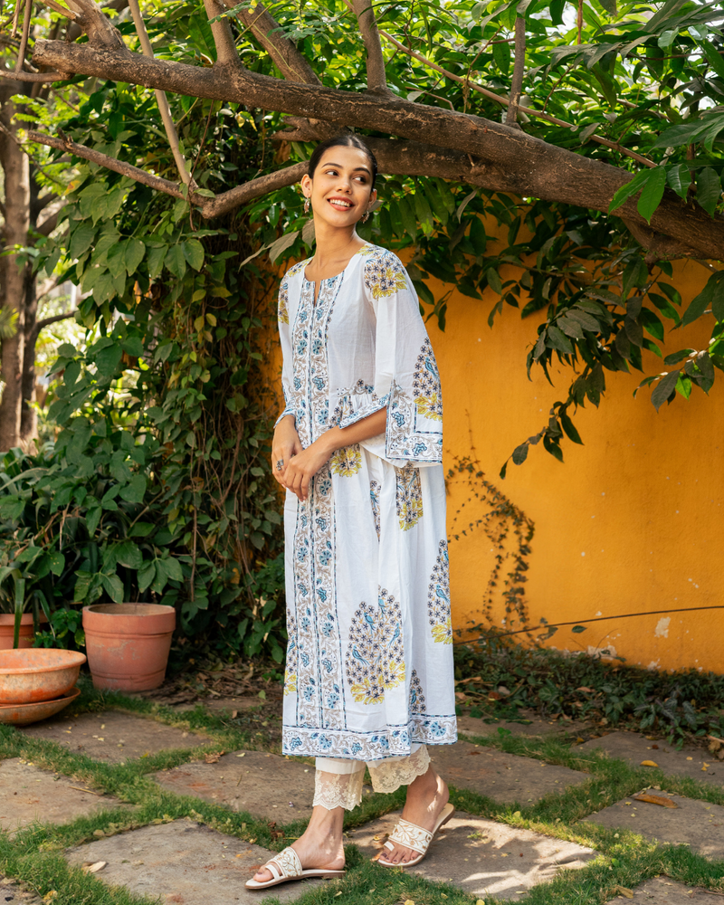 Blue and Ivory Hand Block Printed Bhopali Kurta Set mul Buy Blue and Ivory Hand Block Printed Bhopali Kurta Set from C&W | Kurta/Kurta Sets for Women by Maison Shefali in multi color for women in Singapore