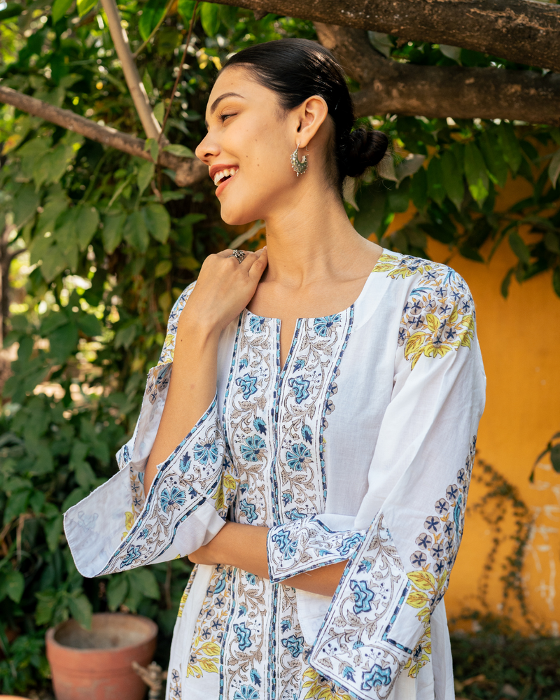 Blue and Ivory Hand Block Printed Bhopali Kurta Set mul Buy Blue and Ivory Hand Block Printed Bhopali Kurta Set from C&W | Kurta/Kurta Sets for Women by Maison Shefali in multi color for women in Singapore