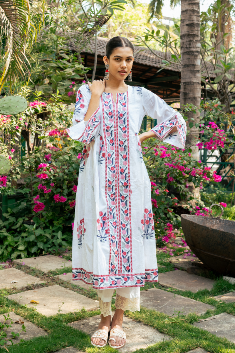 Pink and Ivory Hand Block Printed Bhopali Kurta Set mul Buy Pink and Ivory Hand Block Printed Bhopali Kurta Set from C&W | Kurta/Kurta Sets for Women by Maison Shefali in multi color for women in Singapore