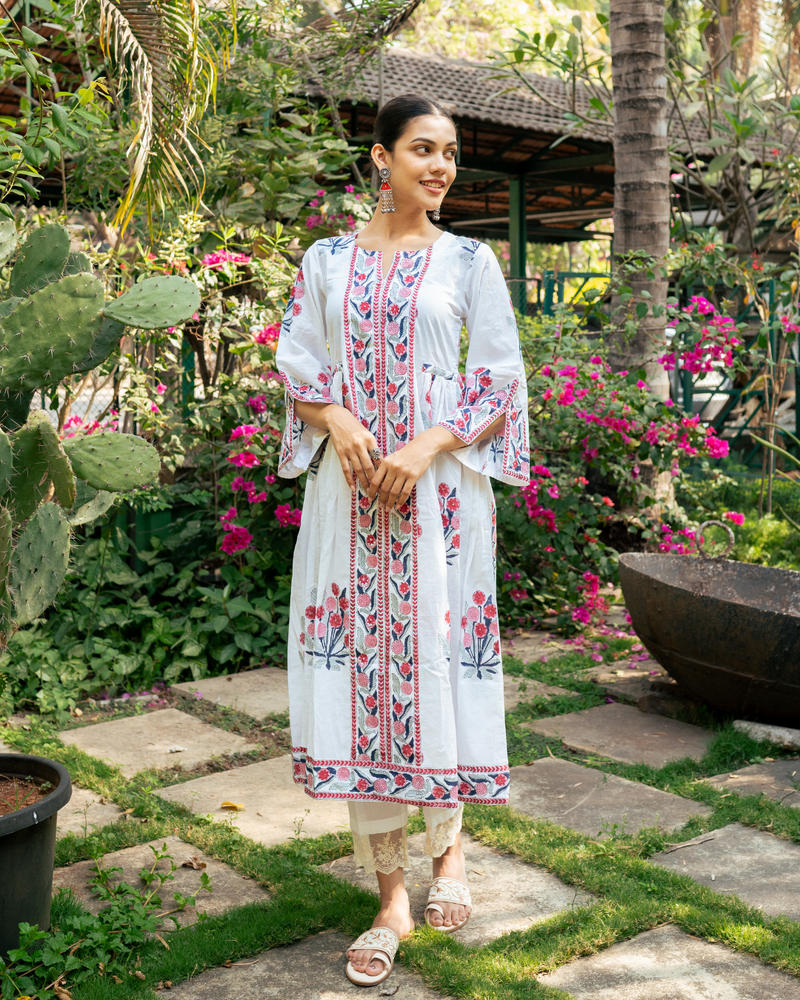 Pink and Ivory Hand Block Printed Bhopali Kurta Set mul Buy Pink and Ivory Hand Block Printed Bhopali Kurta Set from C&W | Kurta/Kurta Sets for Women by Maison Shefali in multi color for women in Singapore