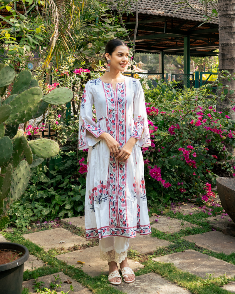 Pink and Ivory Hand Block Printed Bhopali Kurta Set mul Buy Pink and Ivory Hand Block Printed Bhopali Kurta Set from C&W | Kurta/Kurta Sets for Women by Maison Shefali in multi color for women in Singapore