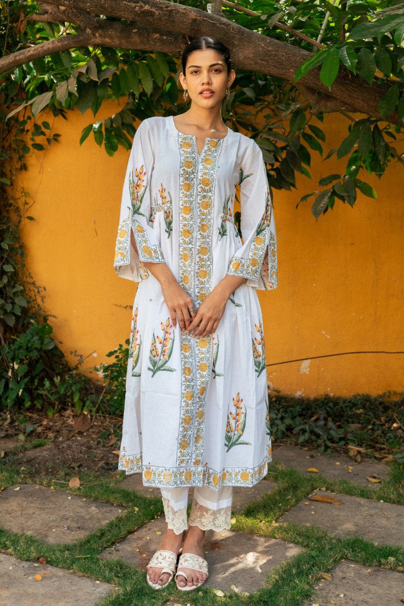 Yellow and Ivory Hand Block Printed Bhopali Kurta Set mul Buy Yellow and Ivory Hand Block Printed Bhopali Kurta Set from C&W | Kurta/Kurta Sets for Women by Maison Shefali in multi color for women in Singapore