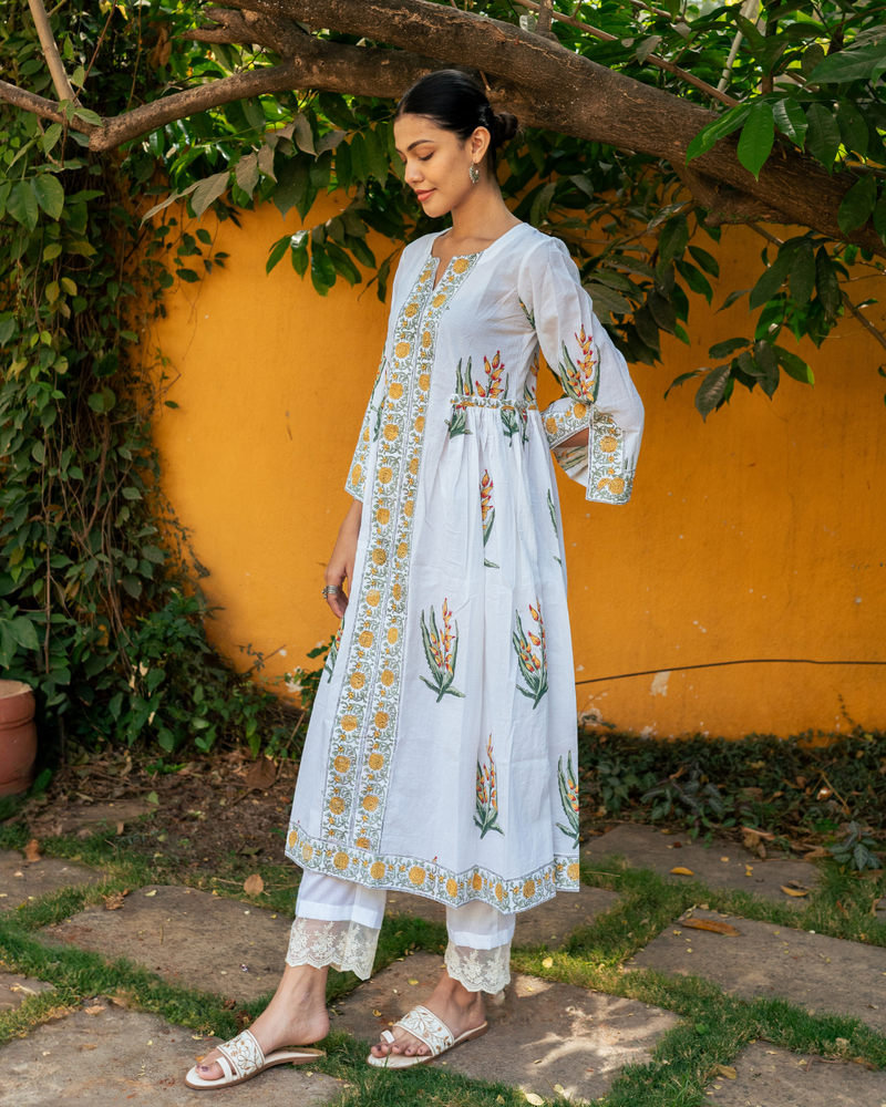 Yellow and Ivory Hand Block Printed Bhopali Kurta Set mul Buy Yellow and Ivory Hand Block Printed Bhopali Kurta Set from C&W | Kurta/Kurta Sets for Women by Maison Shefali in multi color for women in Singapore