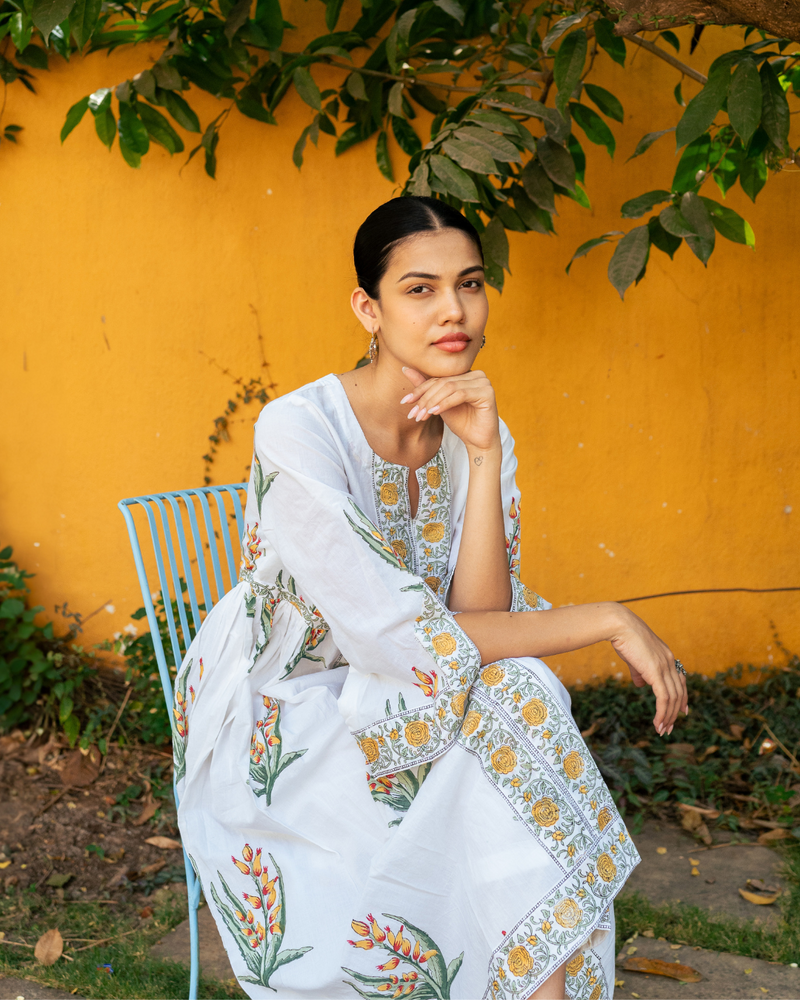 Yellow and Ivory Hand Block Printed Bhopali Kurta Set mul Buy Yellow and Ivory Hand Block Printed Bhopali Kurta Set from C&W | Kurta/Kurta Sets for Women by Maison Shefali in multi color for women in Singapore
