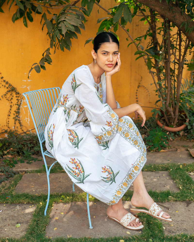 Yellow and Ivory Hand Block Printed Bhopali Kurta Set mul Buy Yellow and Ivory Hand Block Printed Bhopali Kurta Set from C&W | Kurta/Kurta Sets for Women by Maison Shefali in multi color for women in Singapore