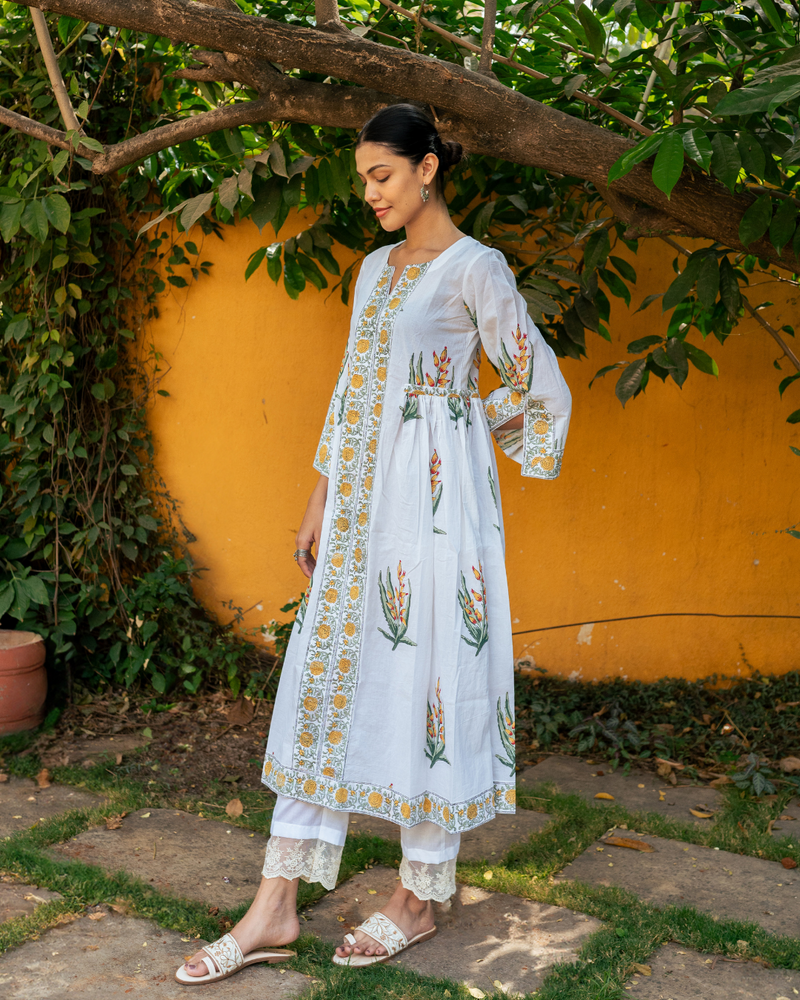 Yellow and Ivory Hand Block Printed Bhopali Kurta Set mul Buy Yellow and Ivory Hand Block Printed Bhopali Kurta Set from C&W | Kurta/Kurta Sets for Women by Maison Shefali in multi color for women in Singapore