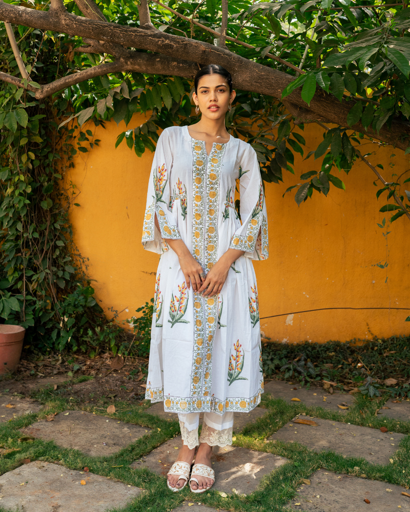 Yellow and Ivory Hand Block Printed Bhopali Kurta Set mul Buy Yellow and Ivory Hand Block Printed Bhopali Kurta Set from C&W | Kurta/Kurta Sets for Women by Maison Shefali in multi color for women in Singapore