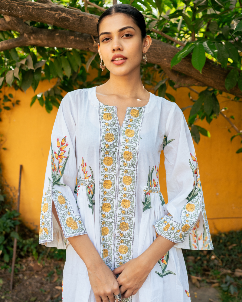 Yellow and Ivory Hand Block Printed Bhopali Kurta Set mul Buy Yellow and Ivory Hand Block Printed Bhopali Kurta Set from C&W | Kurta/Kurta Sets for Women by Maison Shefali in multi color for women in Singapore