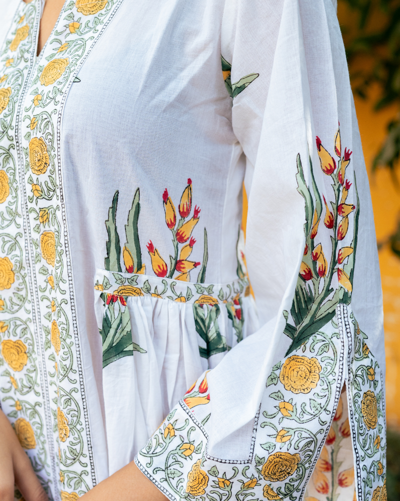 Yellow and Ivory Hand Block Printed Bhopali Kurta Set mul Buy Yellow and Ivory Hand Block Printed Bhopali Kurta Set from C&W | Kurta/Kurta Sets for Women by Maison Shefali in multi color for women in Singapore