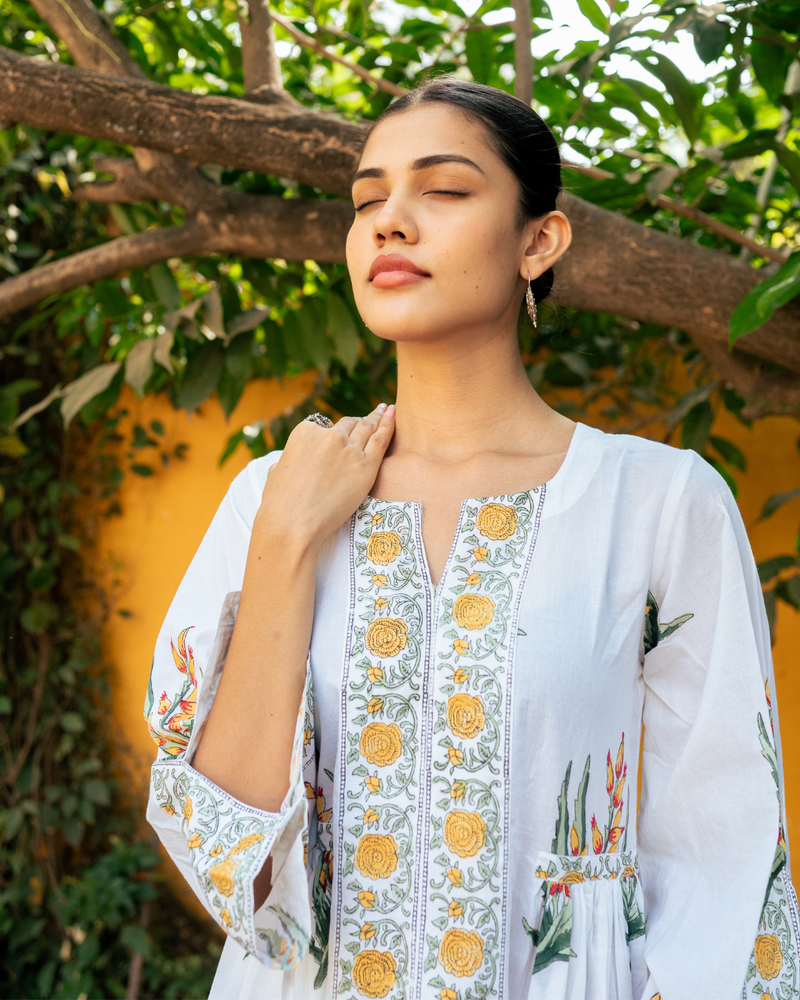 Yellow and Ivory Hand Block Printed Bhopali Kurta Set mul Buy Yellow and Ivory Hand Block Printed Bhopali Kurta Set from C&W | Kurta/Kurta Sets for Women by Maison Shefali in multi color for women in Singapore