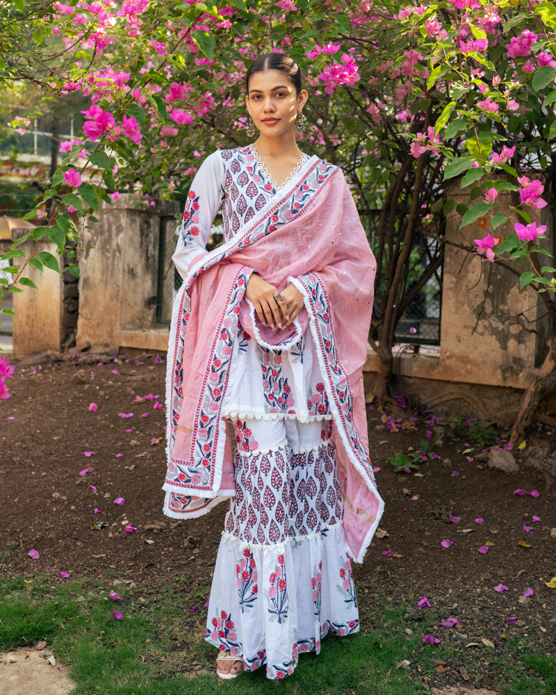 Ivory and Pink Block Printed Sharara Set mul Buy Ivory and Pink Block Printed Sharara Set from C&W | Kurta/Kurta Sets for Women by Maison Shefali in multi color for women in Singapore