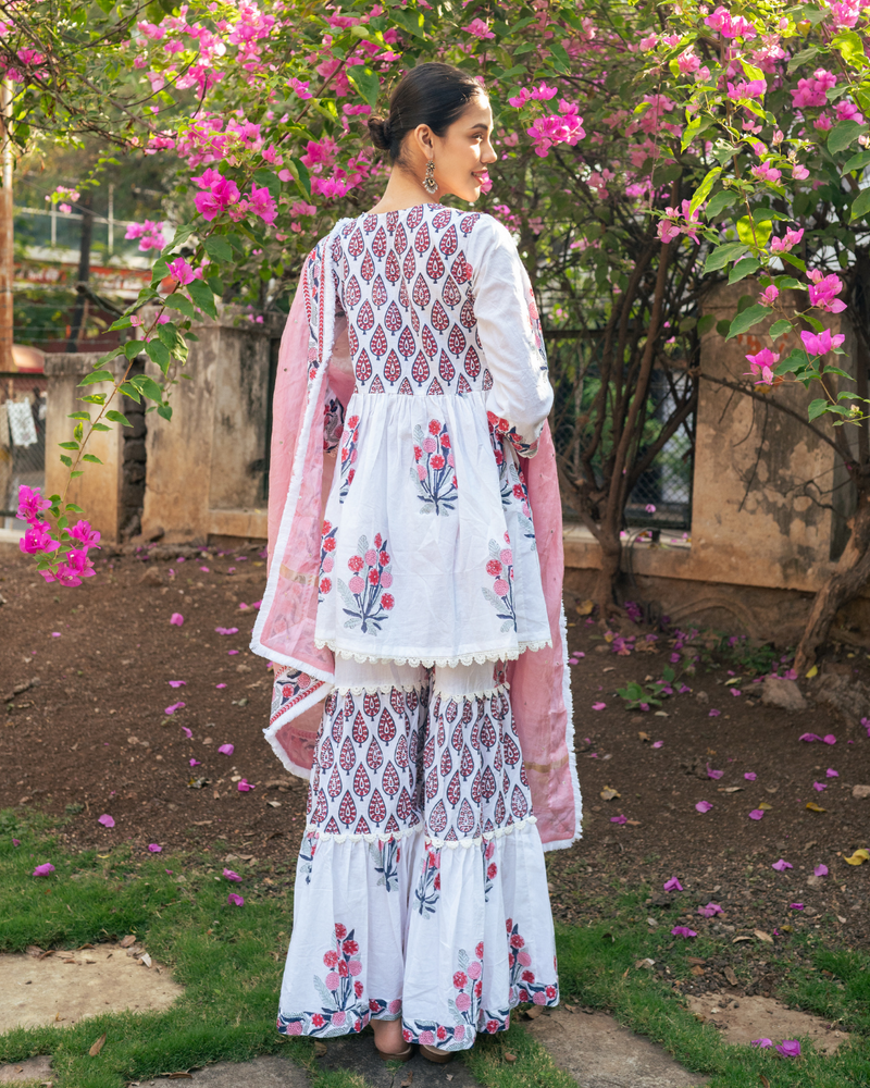 Ivory and Pink Block Printed Sharara Set mul Buy Ivory and Pink Block Printed Sharara Set from C&W | Kurta/Kurta Sets for Women by Maison Shefali in multi color for women in Singapore