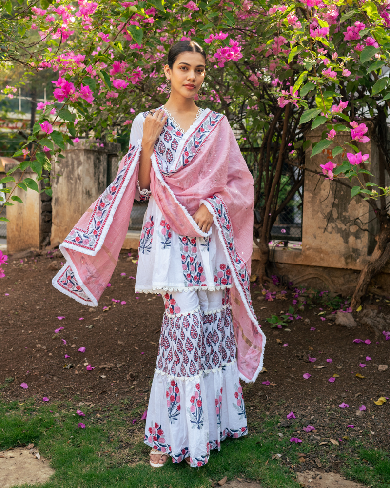 Ivory and Pink Block Printed Sharara Set mul Buy Ivory and Pink Block Printed Sharara Set from C&W | Kurta/Kurta Sets for Women by Maison Shefali in multi color for women in Singapore