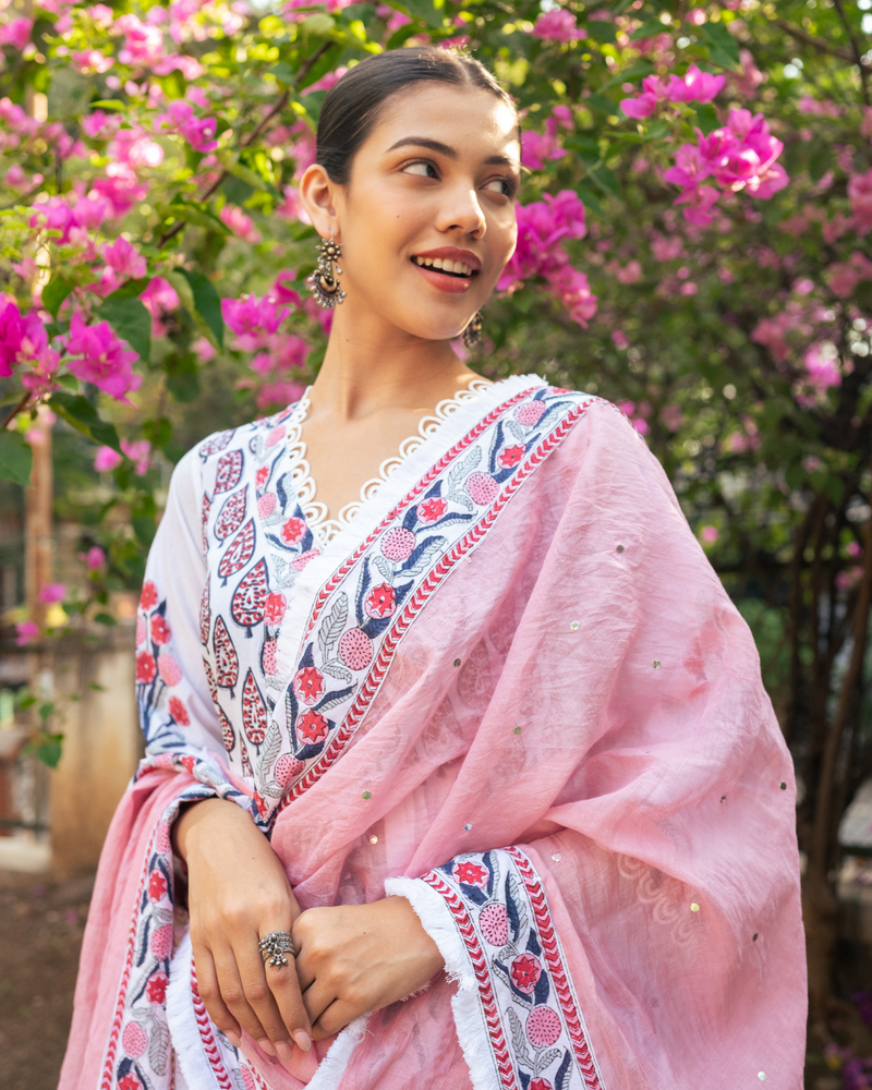 Ivory and Pink Block Printed Sharara Set mul Buy Ivory and Pink Block Printed Sharara Set from C&W | Kurta/Kurta Sets for Women by Maison Shefali in multi color for women in Singapore