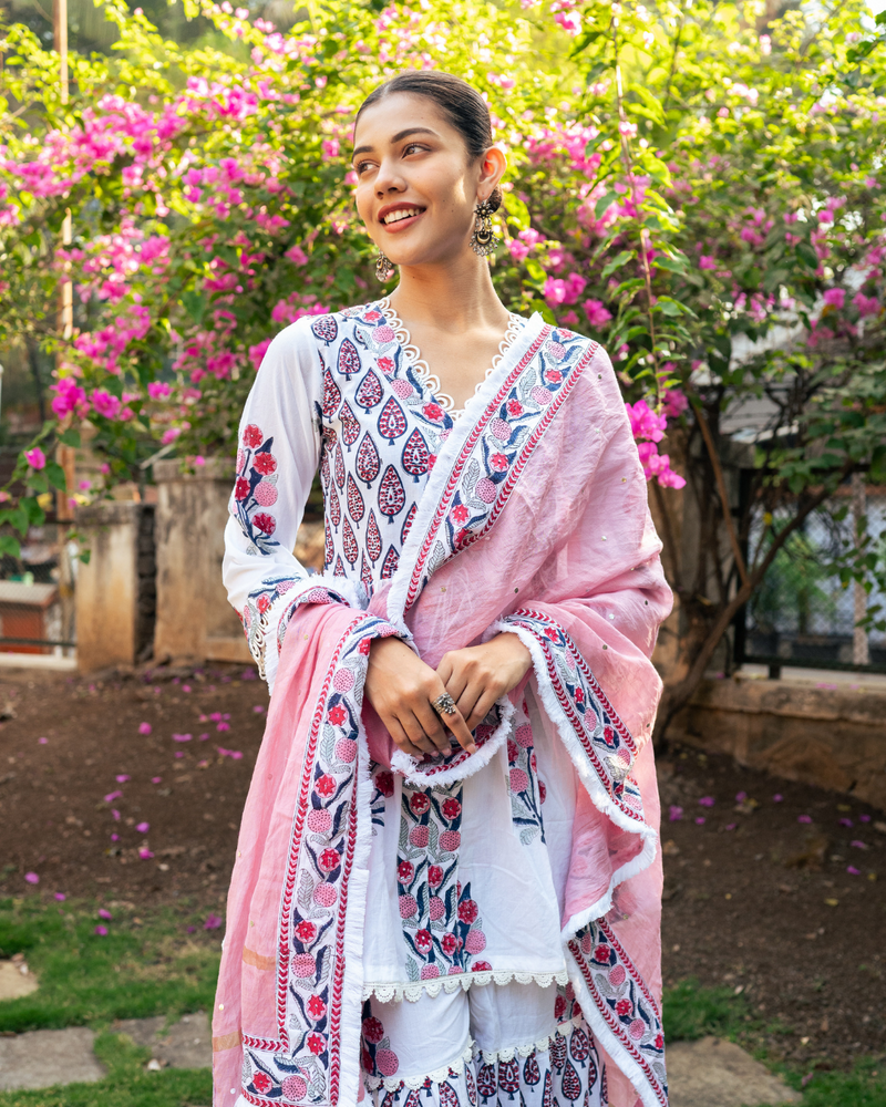Ivory and Pink Block Printed Sharara Set mul Buy Ivory and Pink Block Printed Sharara Set from C&W | Kurta/Kurta Sets for Women by Maison Shefali in multi color for women in Singapore