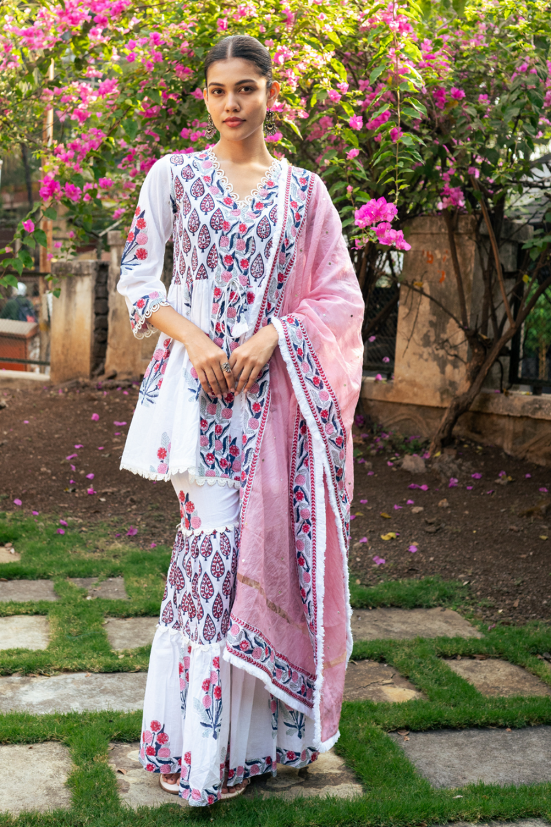 Ivory and Pink Block Printed Sharara Set mul Buy Ivory and Pink Block Printed Sharara Set from C&W | Kurta/Kurta Sets for Women by Maison Shefali in multi color for women in Singapore