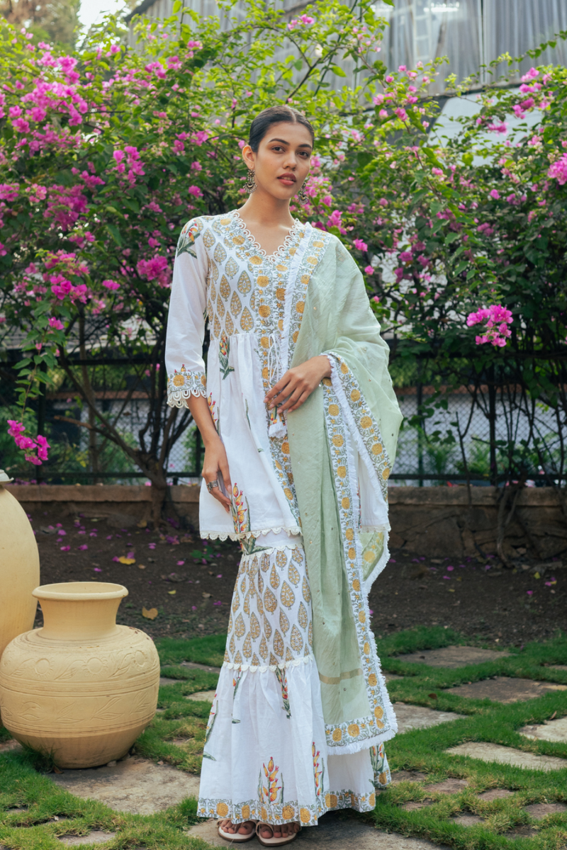 Ivory and Yellow Block Printed Sharara Set mul Buy Ivory and Yellow Block Printed Sharara Set from C&W | Kurta/Kurta Sets for Women by Maison Shefali in multi color for women in Singapore