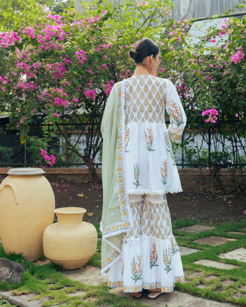 Ivory and Yellow Block Printed Sharara Set mul Buy Ivory and Yellow Block Printed Sharara Set from C&W | Kurta/Kurta Sets for Women by Maison Shefali in multi color for women in Singapore