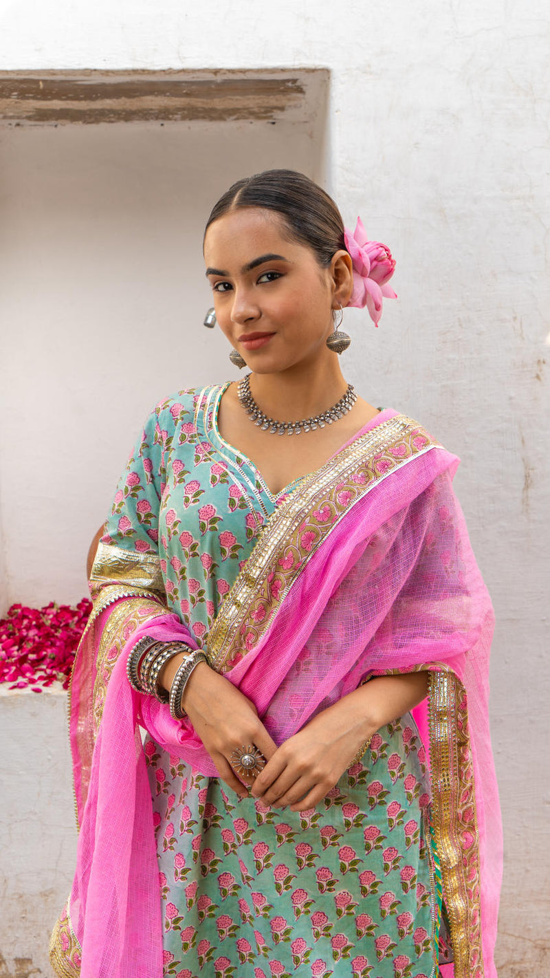 Saundh Pink and blue hand block printed gota sharara set cotton Buy Saundh Pink and blue hand block printed gota sharara set from C&W | Kurta/Kurta Sets for Women by Maison Shefali in multi color for women in Singapore