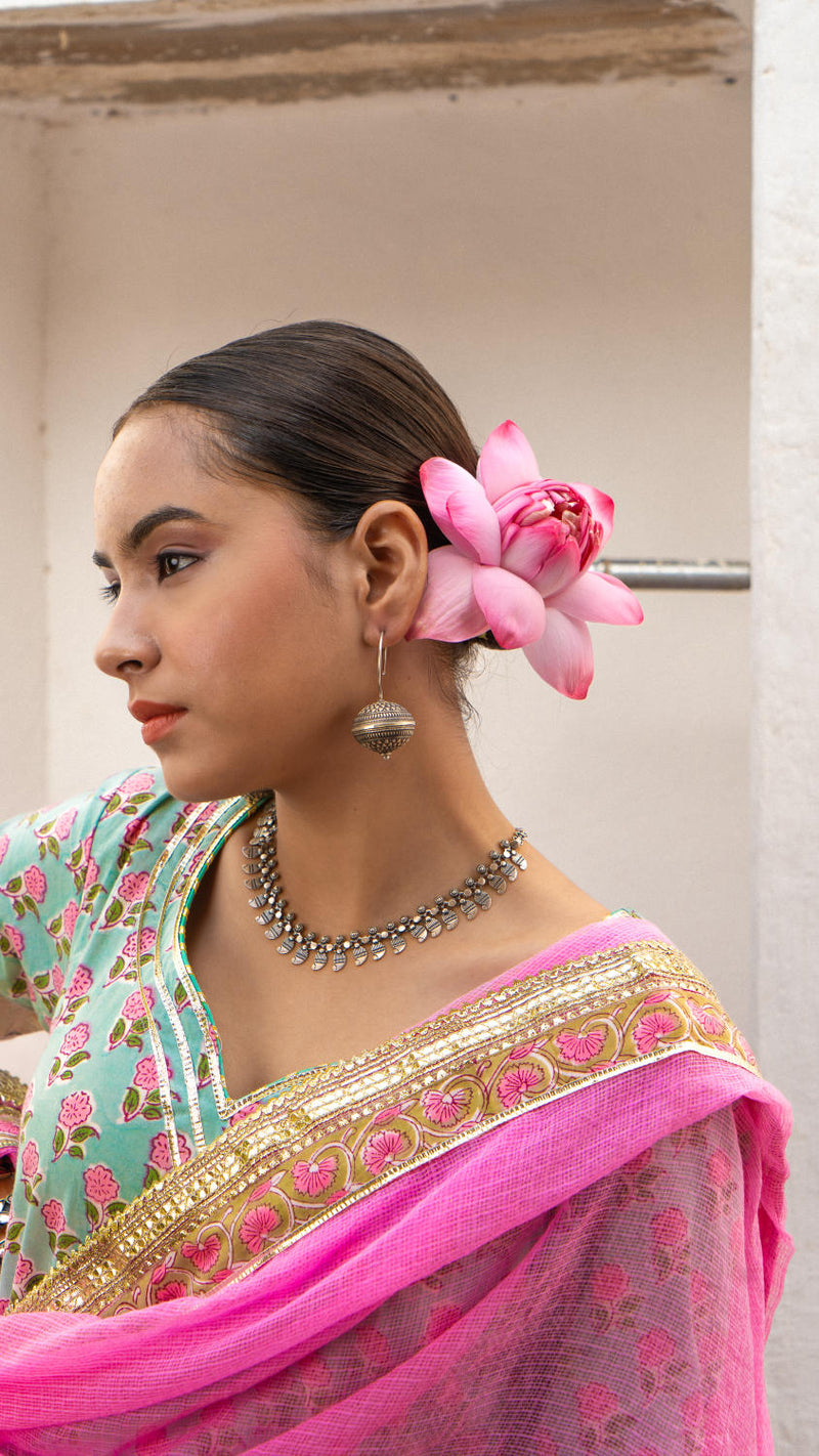 Saundh Pink and blue hand block printed gota sharara set cotton Buy Saundh Pink and blue hand block printed gota sharara set from C&W | Kurta/Kurta Sets for Women by Maison Shefali in multi color for women in Singapore