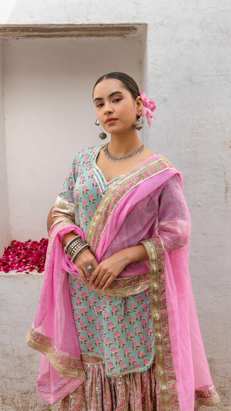 Saundh Pink and blue hand block printed gota sharara set cotton Buy Saundh Pink and blue hand block printed gota sharara set from C&W | Kurta/Kurta Sets for Women by Maison Shefali in multi color for women in Singapore