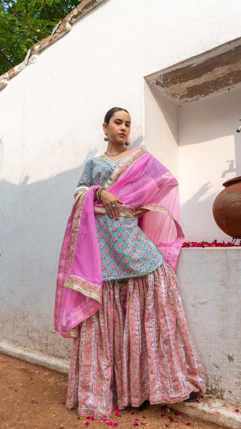 Saundh Pink and blue hand block printed gota sharara set cotton Buy Saundh Pink and blue hand block printed gota sharara set from C&W | Kurta/Kurta Sets for Women by Maison Shefali in multi color for women in Singapore